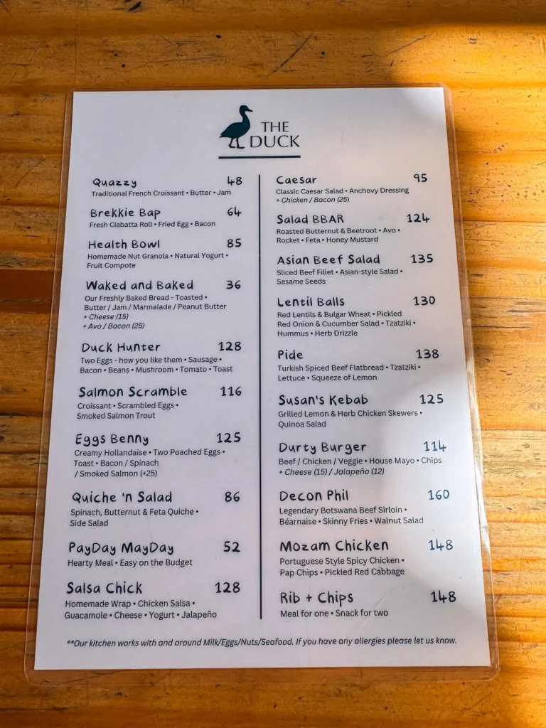Menu at Duck Cafe in Maun, Botswana