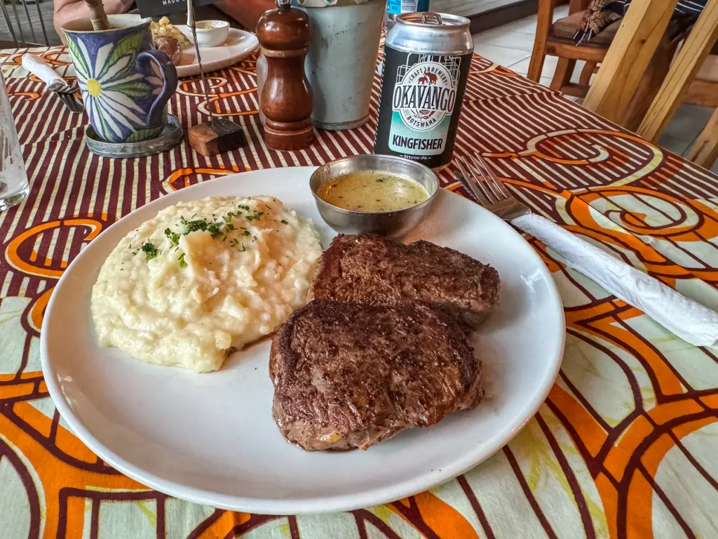 Steak and mash at Marc's Eatery in Maun, Botswana