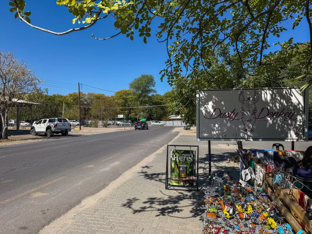 Souvenirs laid out for sale outside the Dusty Donkey Cafe in Maun, Botswana