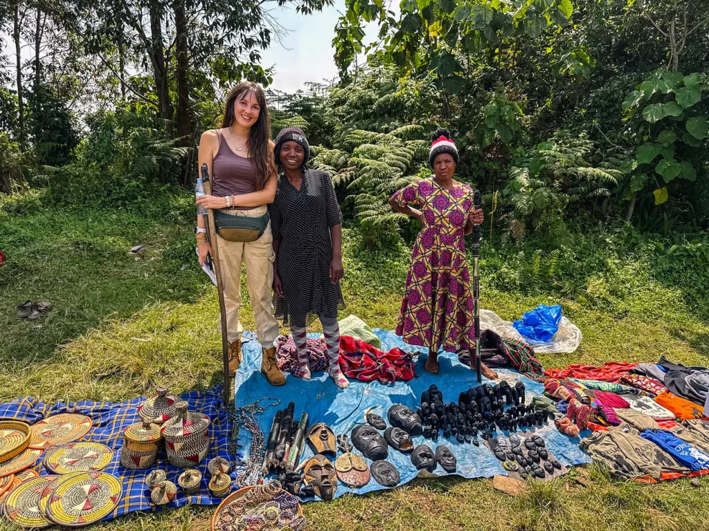 Ella McKendrick buying handmade souvenirs in Bwindi Impenetrable Forest National Park, Uganda