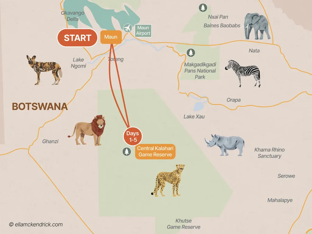 5-Day Central Kalahari Game Reserve Botswana safari itinerary map