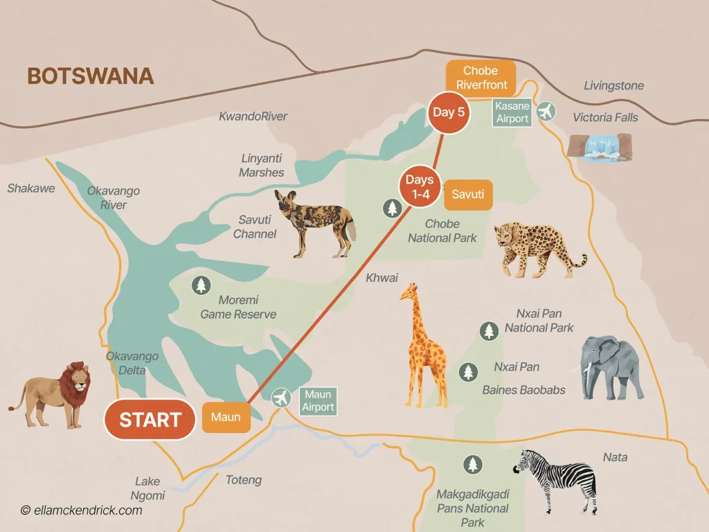 5-Day Chobe and Victoria Falls Botswana safari itinerary map