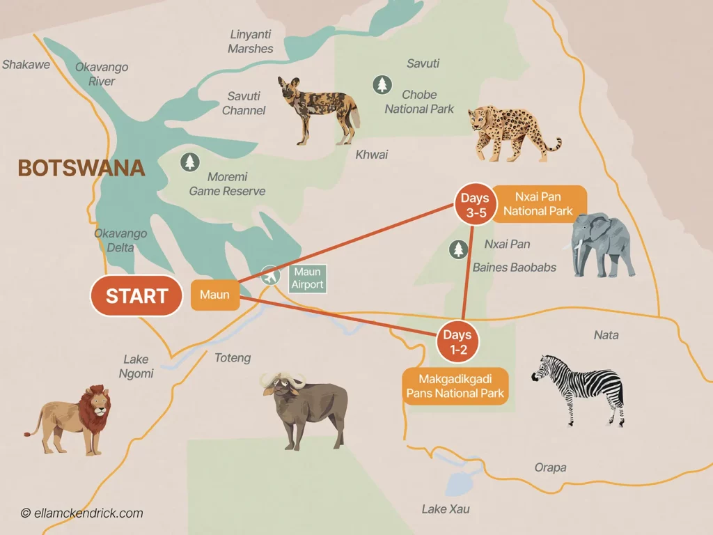 5-Day Makgadikgadi & Nxai Pans Botswana safari itinerary map