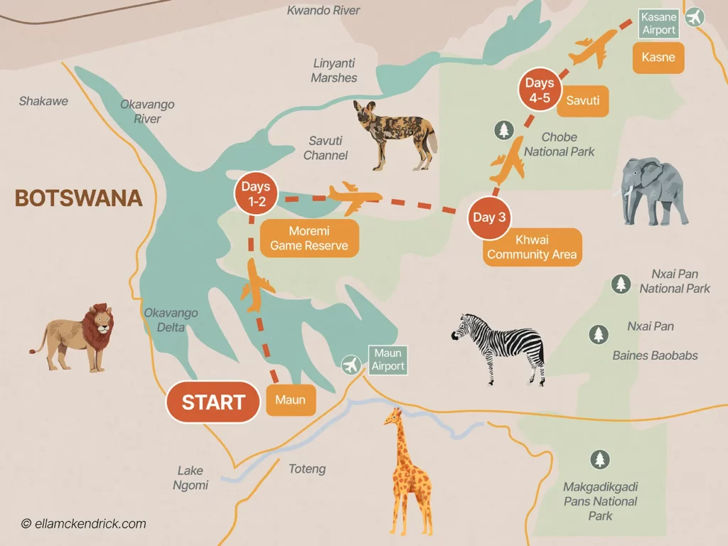 5-Day Northern Highlights Fly-in Safari Botswana safari itinerary map