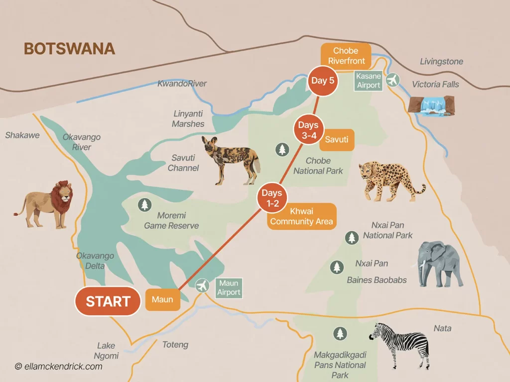5-Day Okavango Delta & Chobe Botswana safari itinerary map