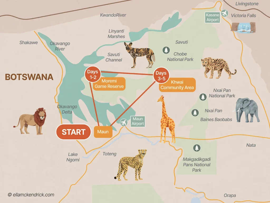 5-Day Okavango Delta Botswana safari itinerary map