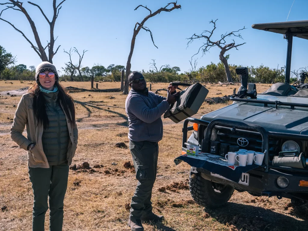 Ella Mckendrick's local tour operator setting up for a more tea and coffee break in Khwai, Botswana