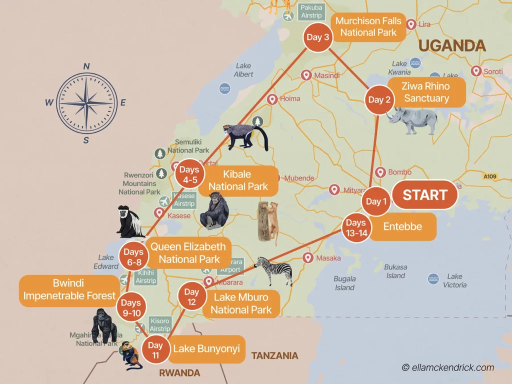 Uganda 2-week itinerary map