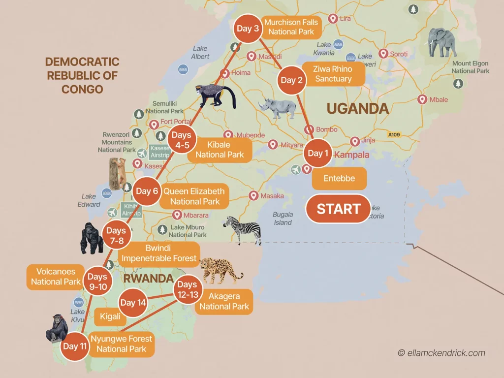2-Week Uganda and Rwanda Itinerary map