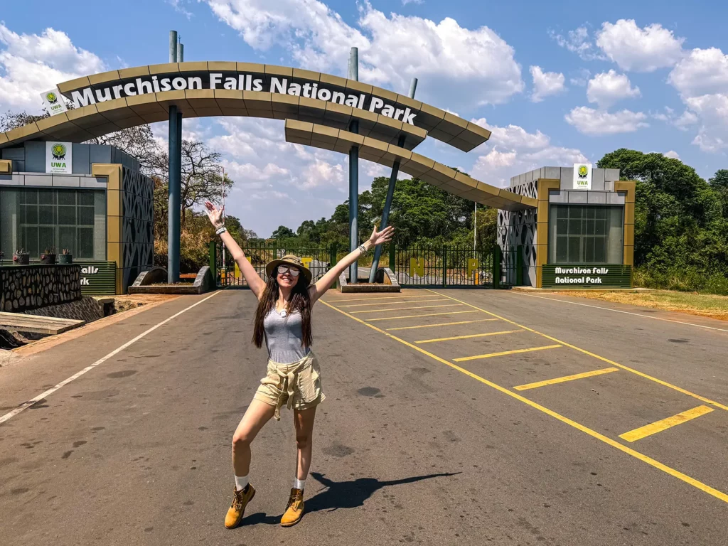 Ella McKendrick at the gates to Murchison Falls, Uganda