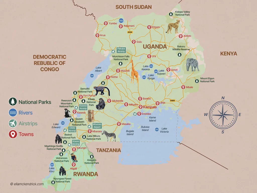 Uganda & Rwanda safari map