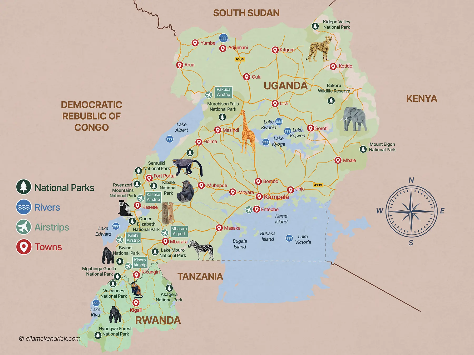 Uganda & Rwanda safari map