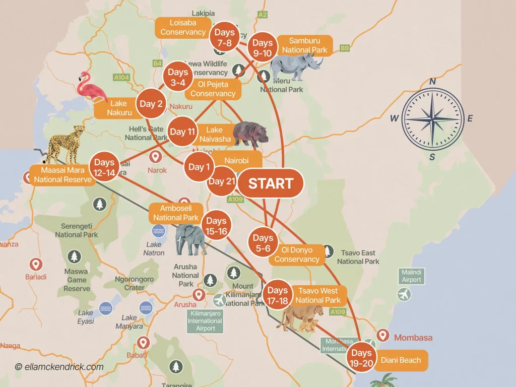 3 week Kenya safari itinerary map