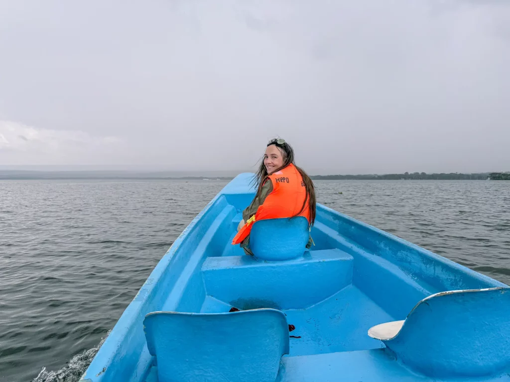Ella McKendrick on boat ride to Crescent Island at Lake Naivasha, Kenya