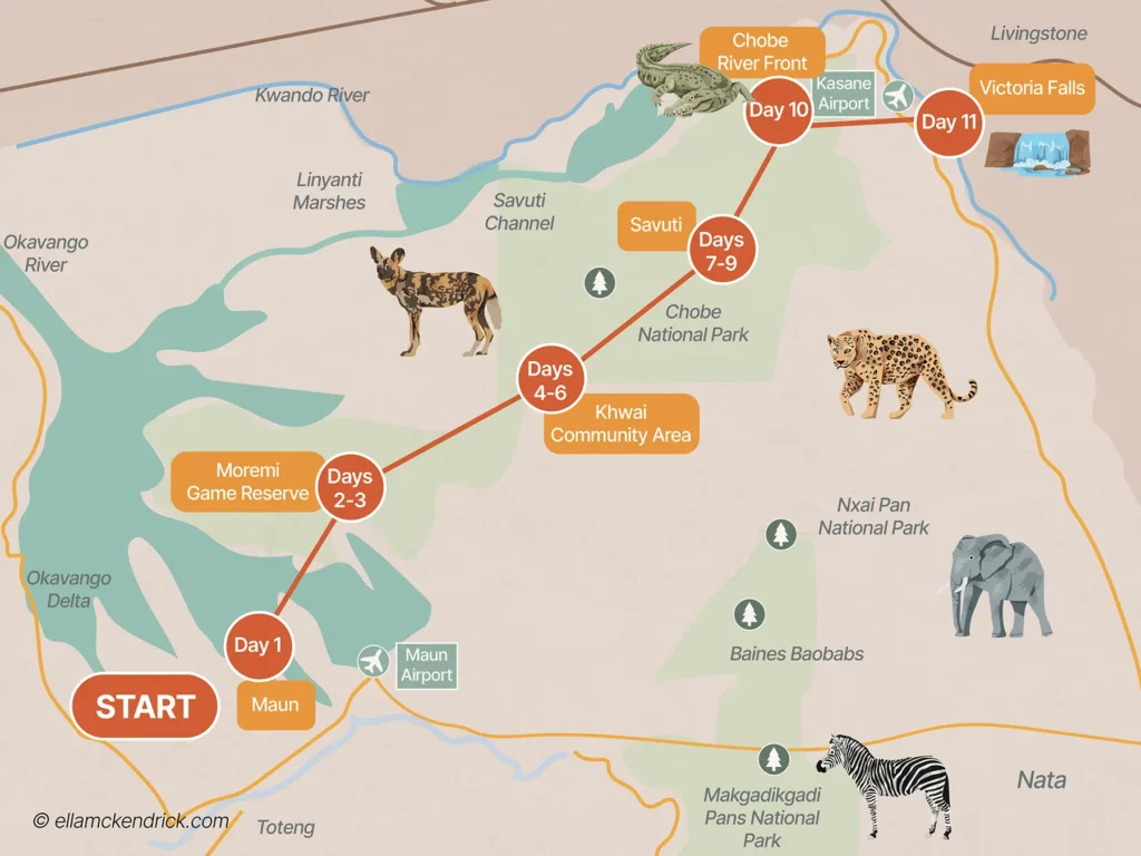 10-day Botswana safari itinerary map