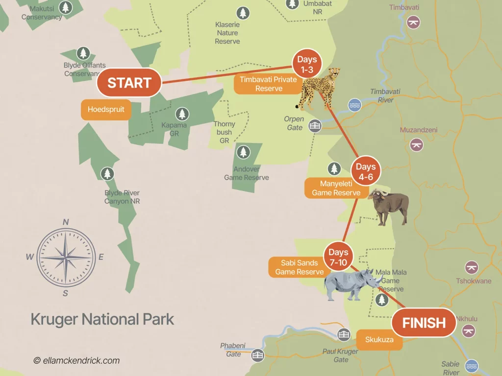 10 day south africa greater kruger safari itinerary map
