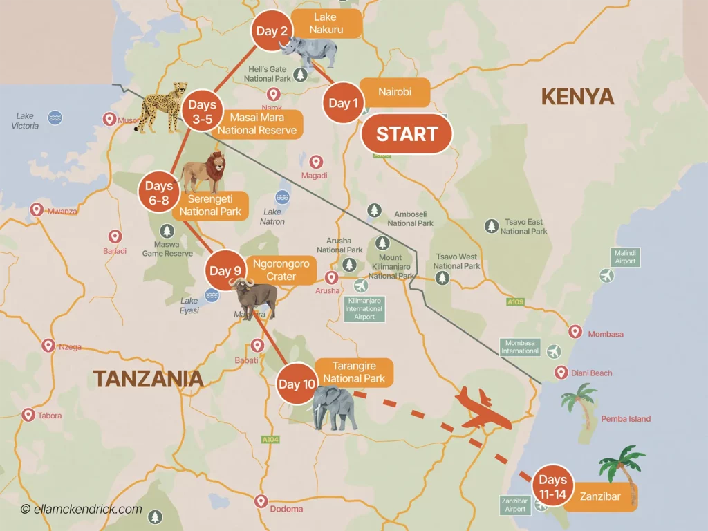 2 Week Kenya and Tanzania Safari Itinerary Map