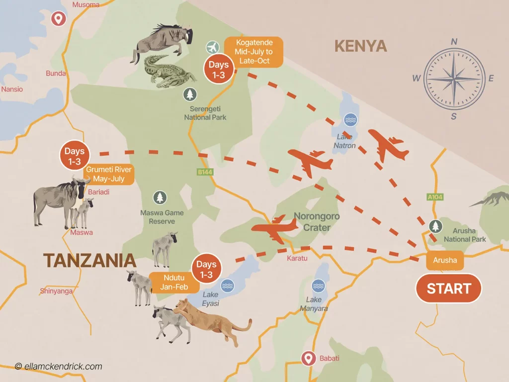 3 Day Tanzania Great Migration itinerary map