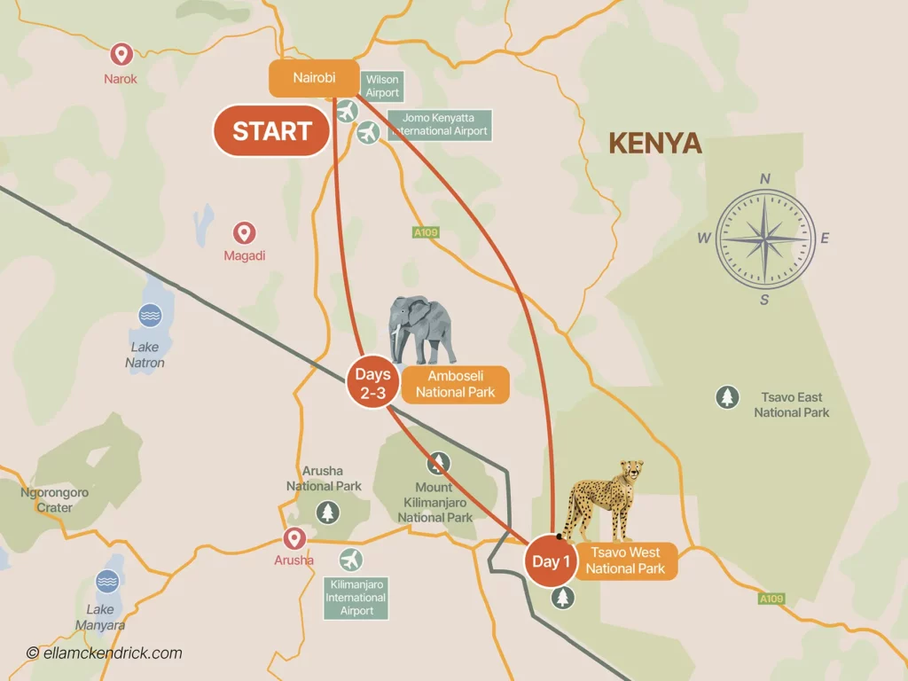 3-Day eastern Kenya safari itinerary map