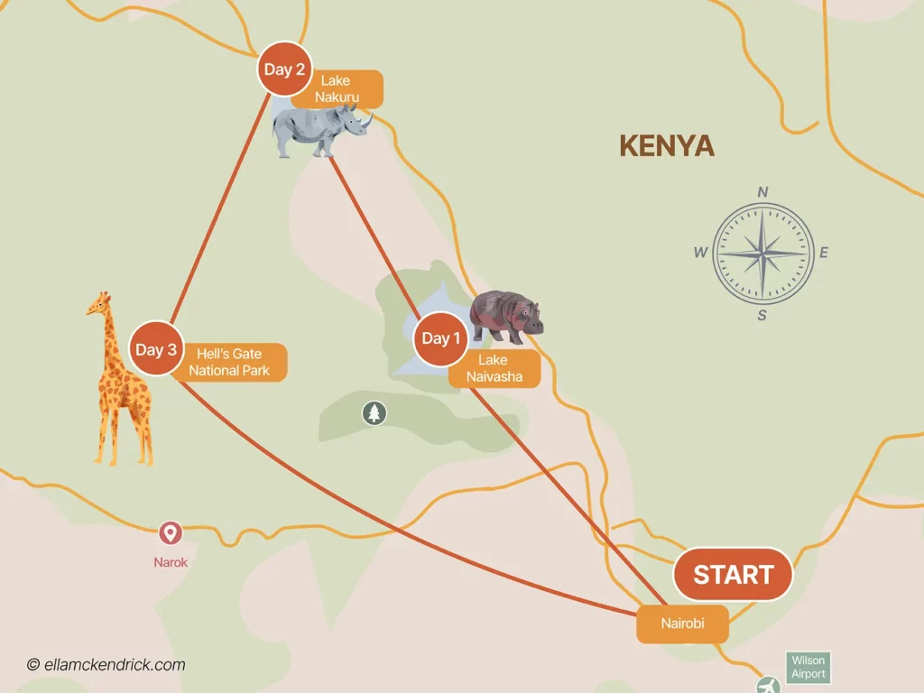 3-Day Kenya great lakes safari itinerary map
