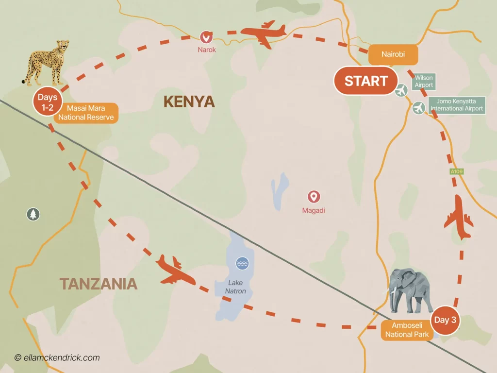 3-Day Kenya highlights fly-in safari itinerary map