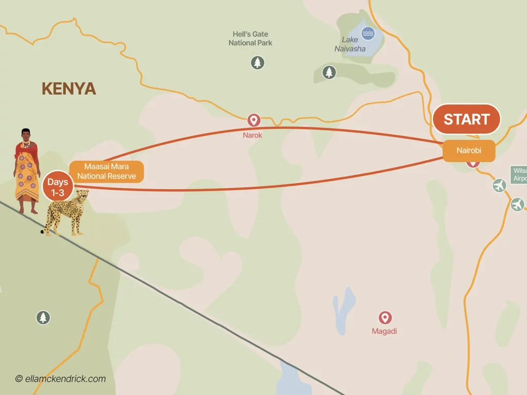 3-Day Masai Mara, Kenya safari itinerary map