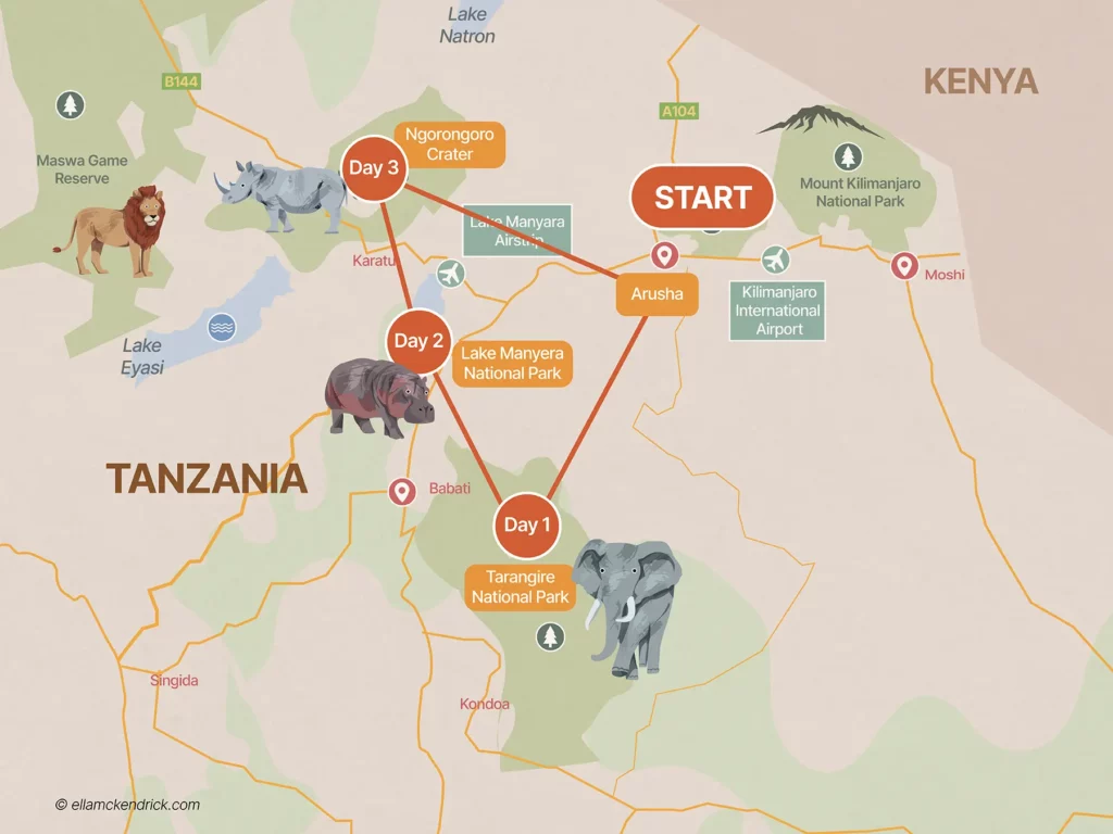 3 Day Tanzania Northern Circuit itinerary map