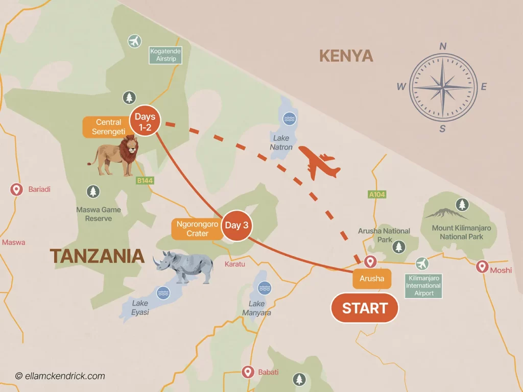 Itinerary Map for 3 Day Multi-Park Northern Circuit Safari