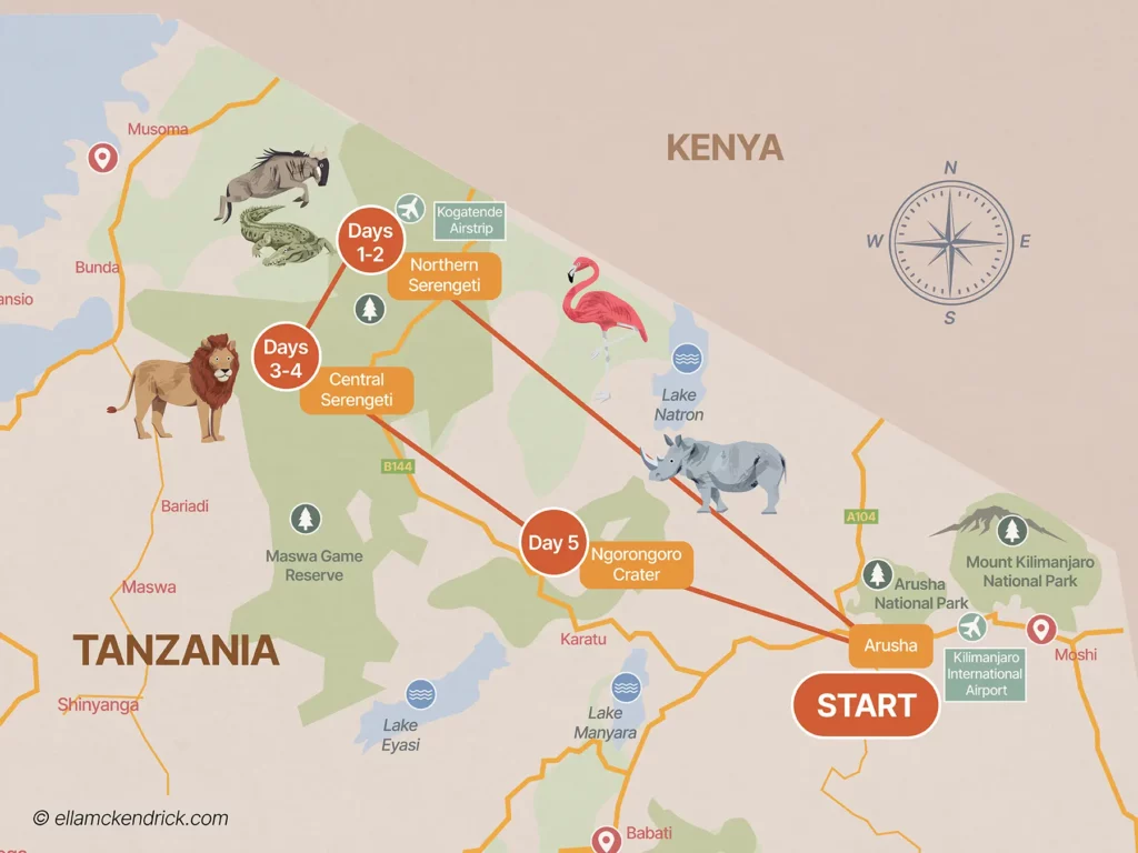 Tanzania Great Migration Wildebeest River Crossing Safari Itinerary Map
