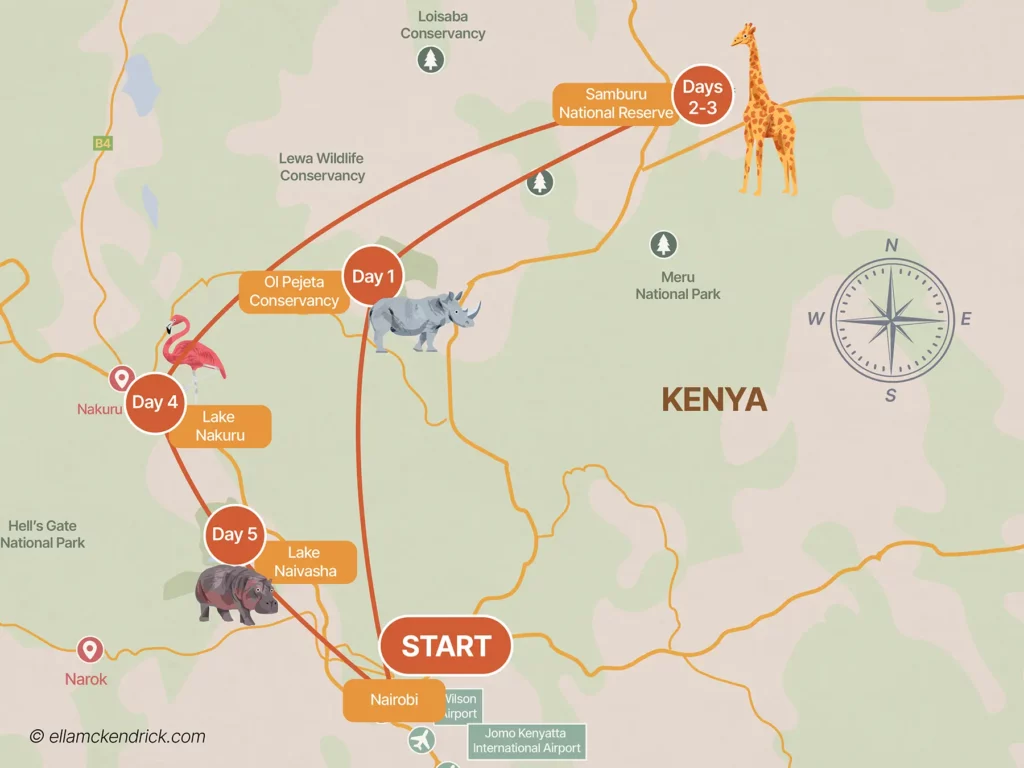 5 Day Kenya Northern Circuit Itinerary map