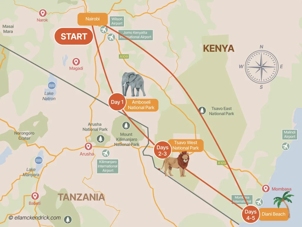 5 Day Kenya Safari and Beach Itinerary map