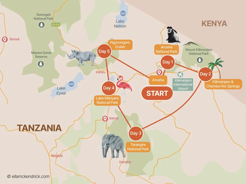 5 Day Tanzania Budget Safari Itinerary map