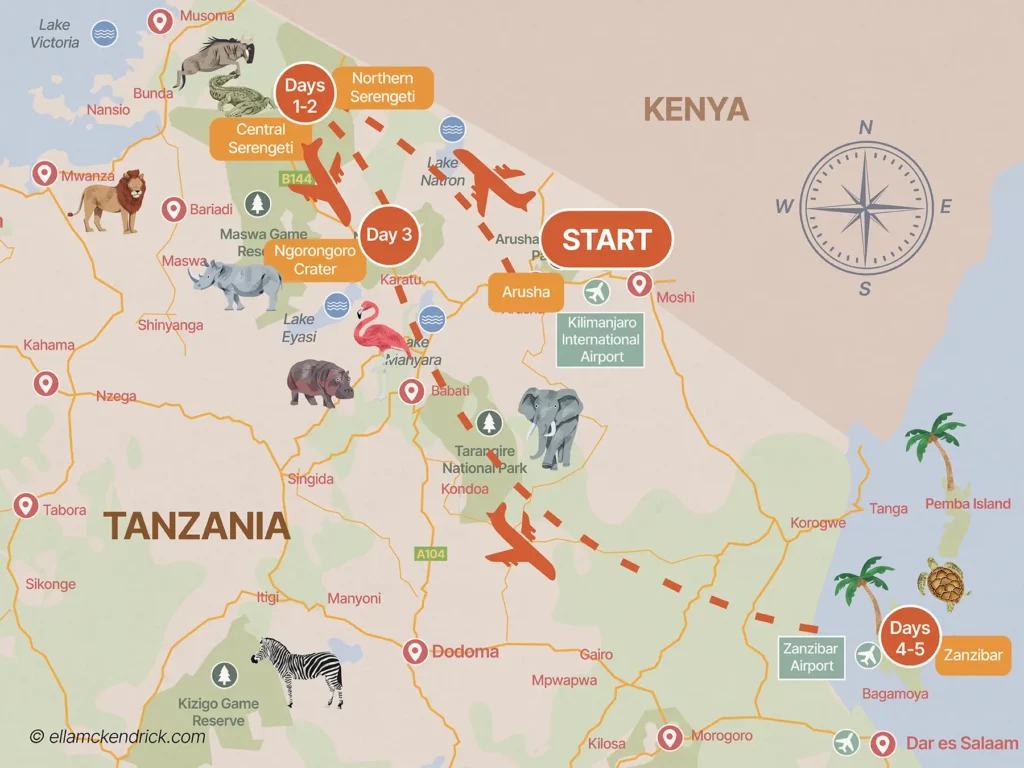 5 Day Luxury Fly-in Safari & Beach Itinerary Map