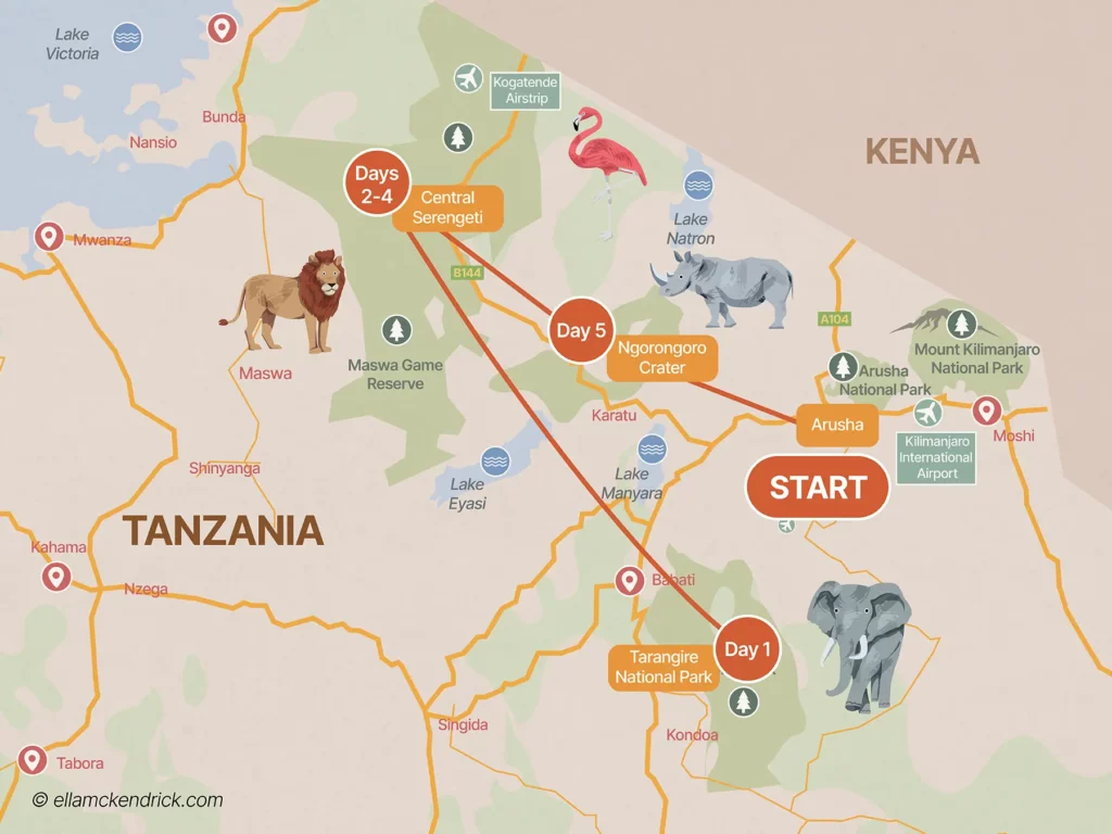 5 Day Tanzania Northern Circuit Highlights itinerary map