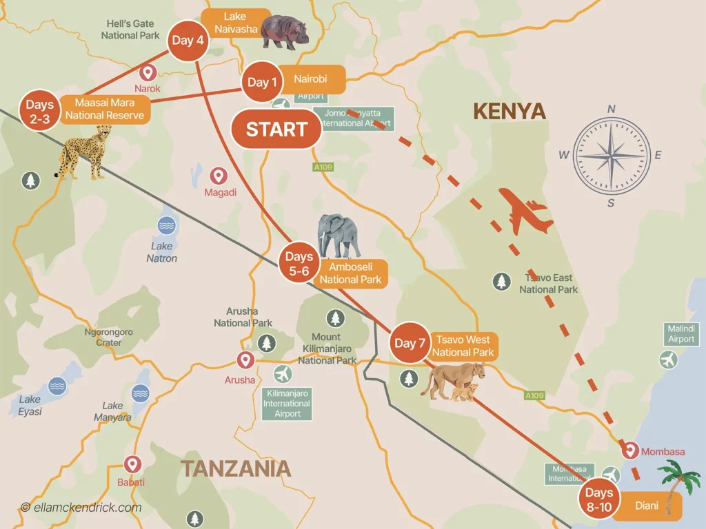 7-10 day Kenya safari itinerary map