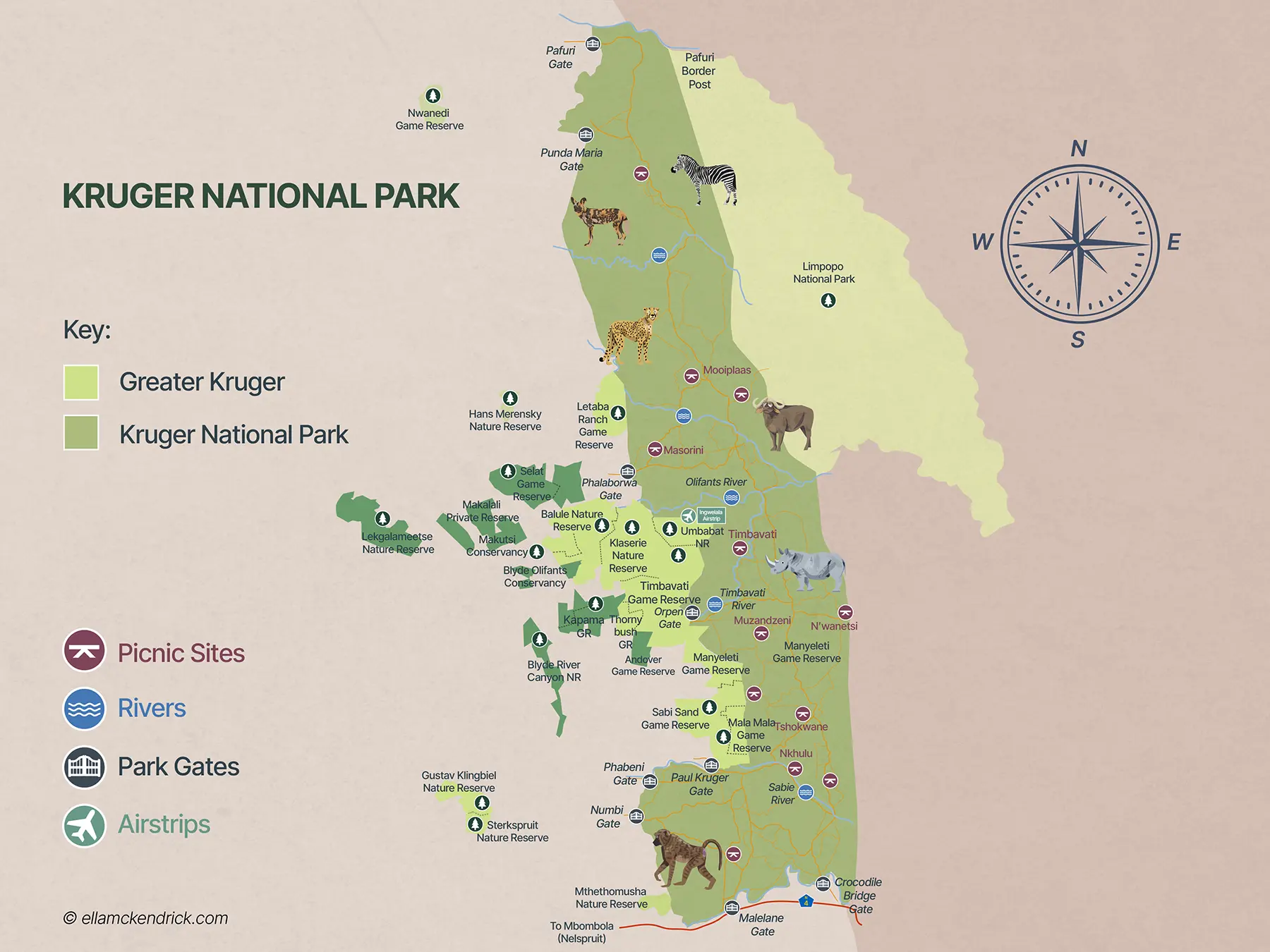 Map of the Greater Kruger National Park showing private game reserves, park gates, rivers, and airstrips in South Africa
