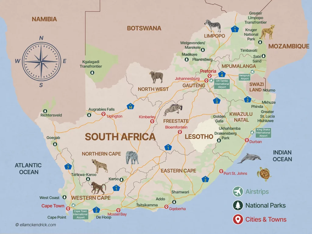 Map of South Africa showing safari destinations, national parks, cities, and key wildlife viewing areas across the country