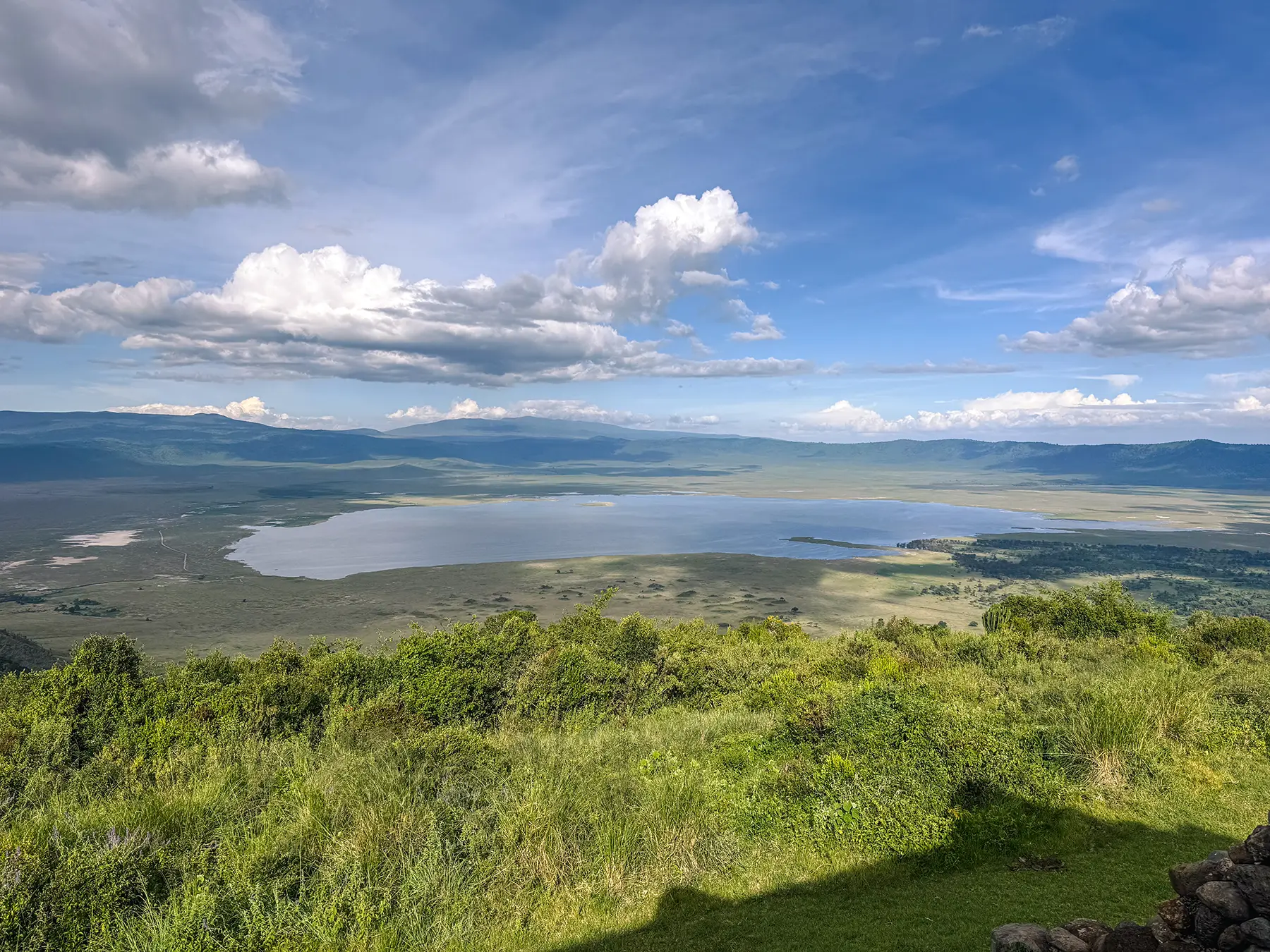 Panoramic view over the Ngorongoro Crater floor and lake in the Ngorongoro Conservation Area, Tanzania