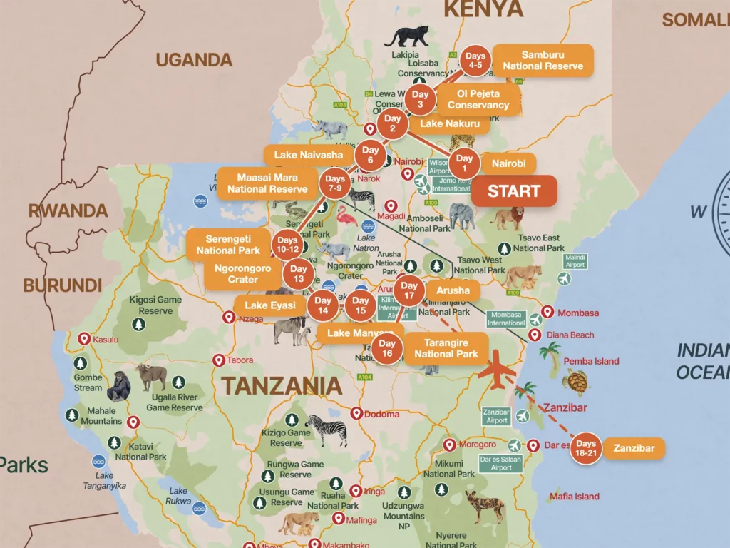 3 week kenya and tanzania safari itinerary map