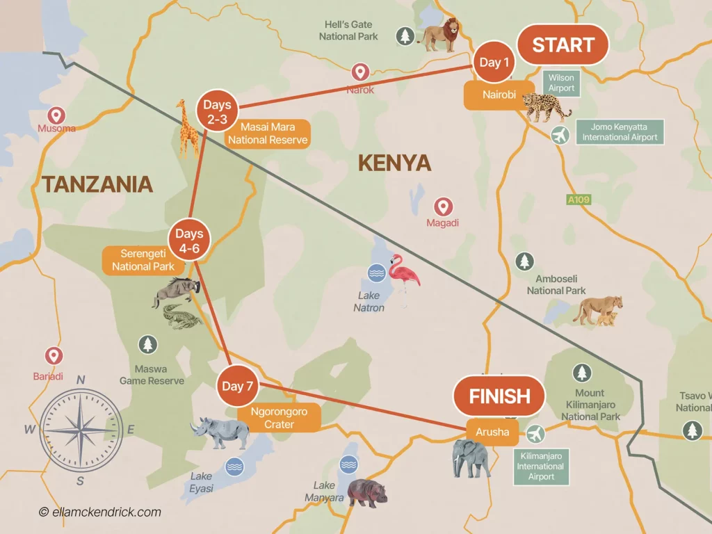 7-day kenya and tanzania safari itinerary map