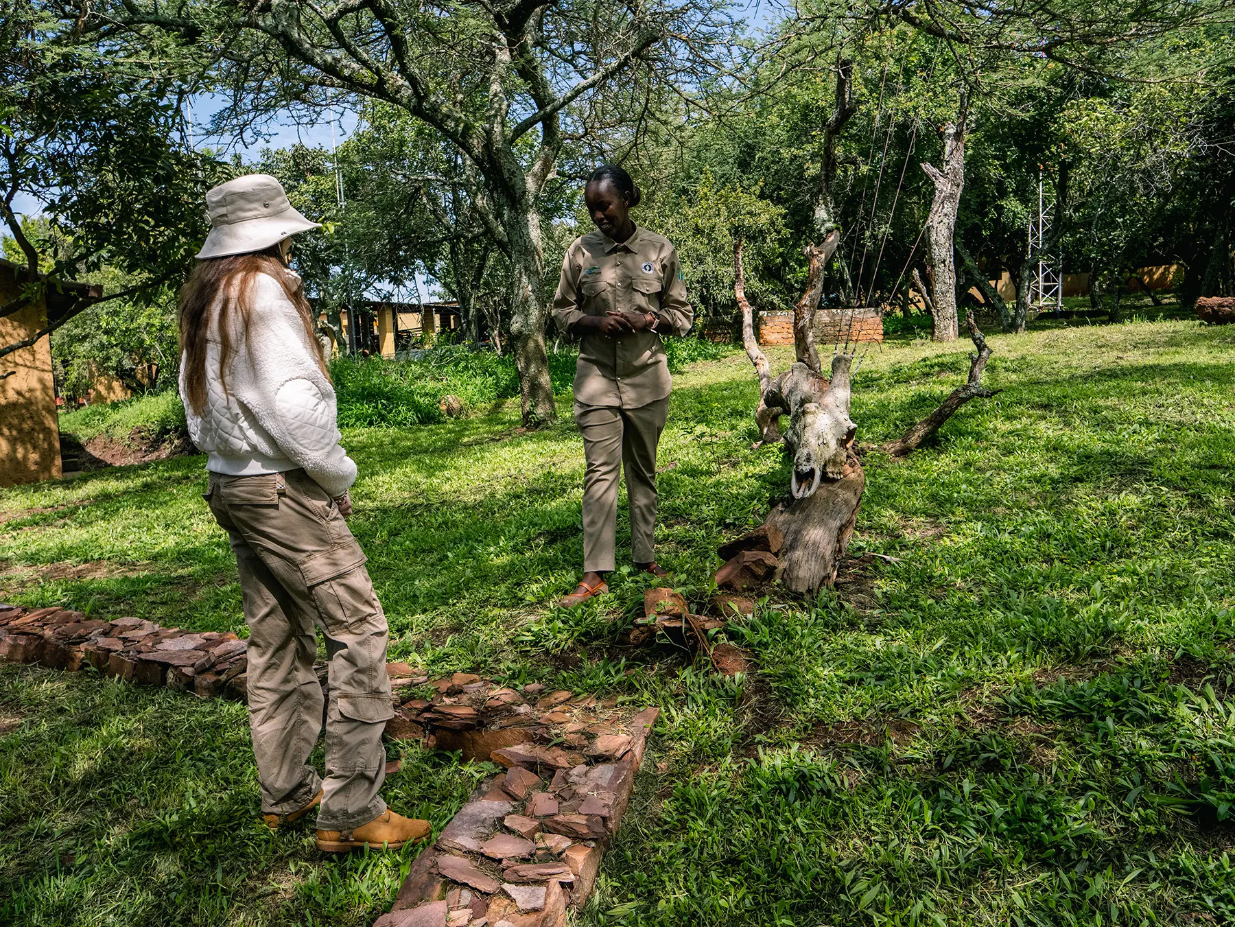 Ella McKendrick listening to a ranger beside a mounted animal skull at Akagera National Park headquarters, Rwanda