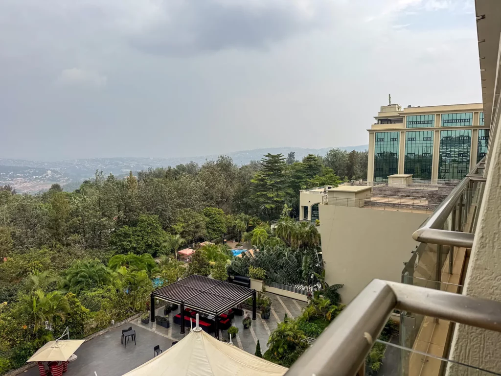 Balcony view of hotel grounds gardens and distant Kigali hills at Kigali Marriott in Kigali, Rwanda