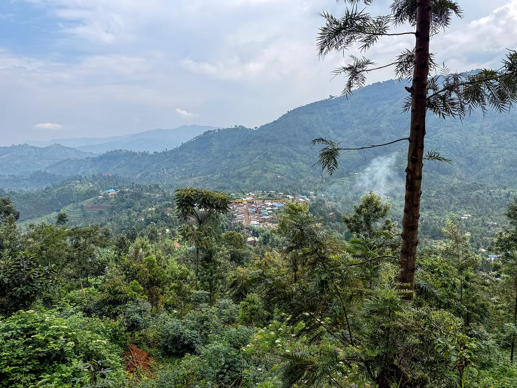 View across green hillsides toward a Rwandan village ringed by mountains at a roadside viewpoint in Nyungwe National Park, Rwanda