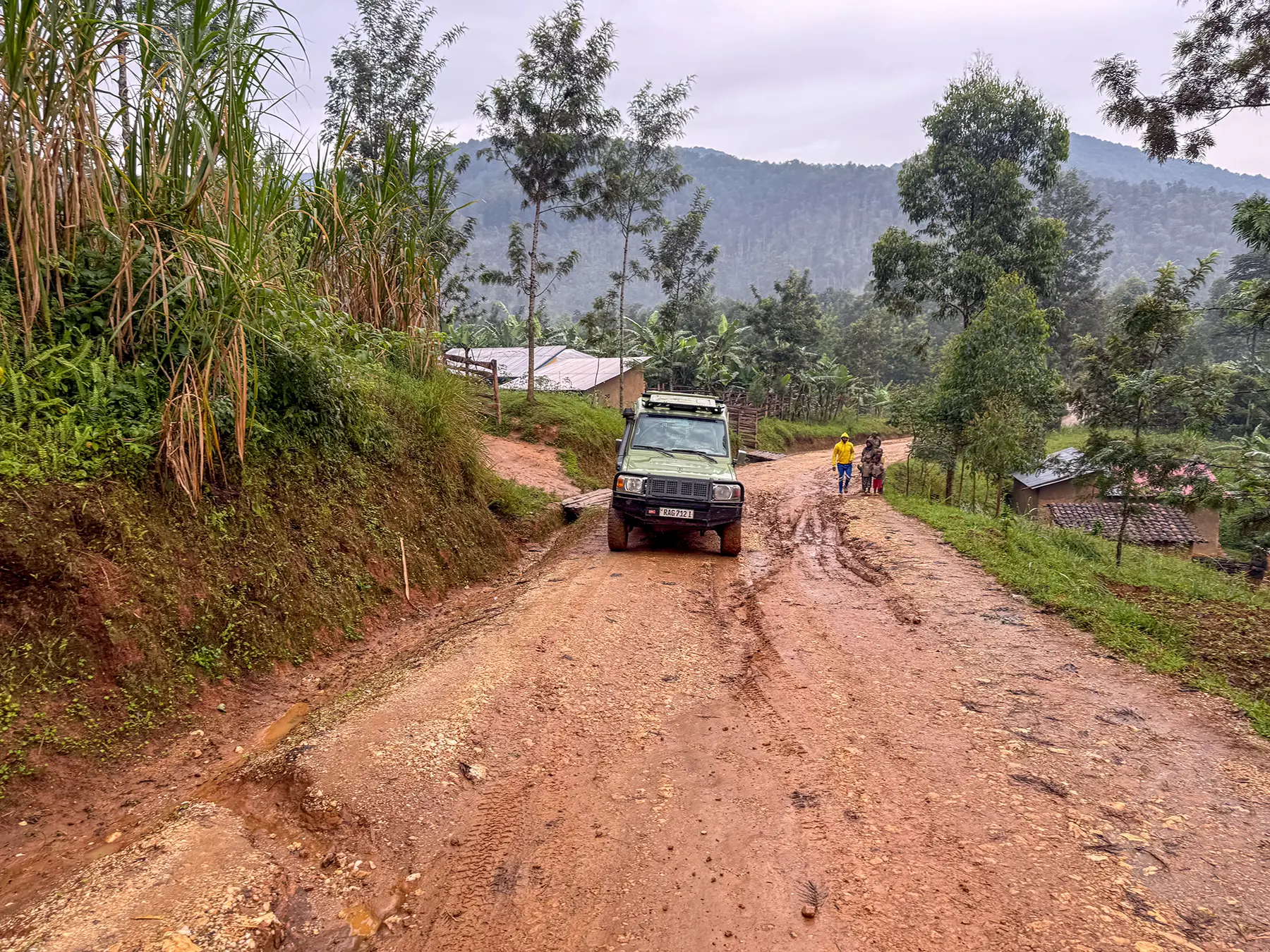 Safari vehicle stuck on rutted muddy track approaching the forest at Banda village in Nyungwe National Park, Rwanda