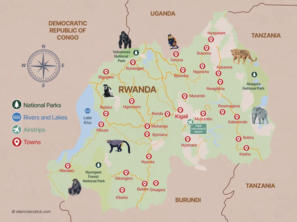 Rwanda gorilla and chimp trekking and safari map