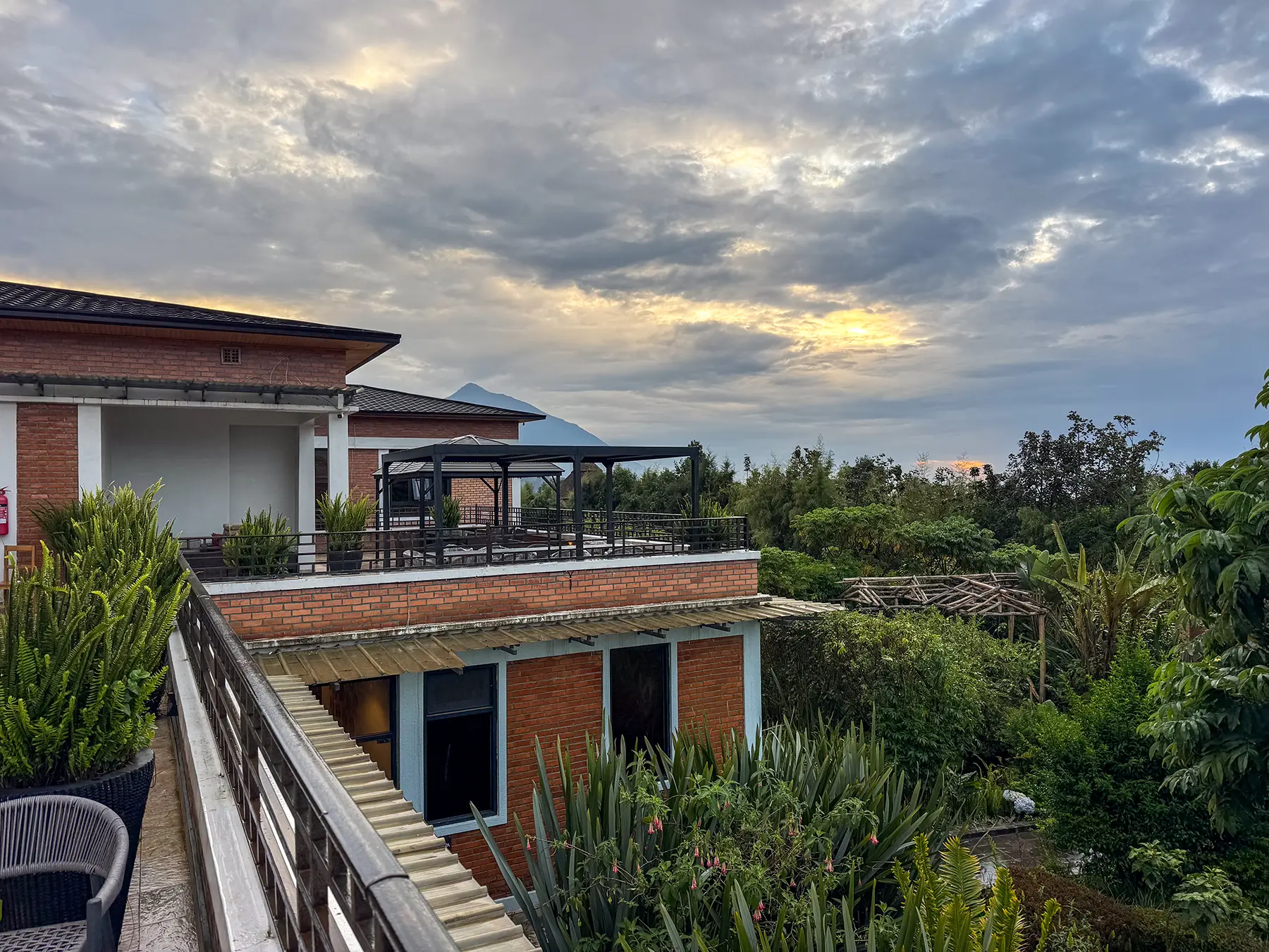 Rooftop terrace with pergola and plants under a cloudy evening sky at Virunga Inn in Volcanoes National Park, Rwanda