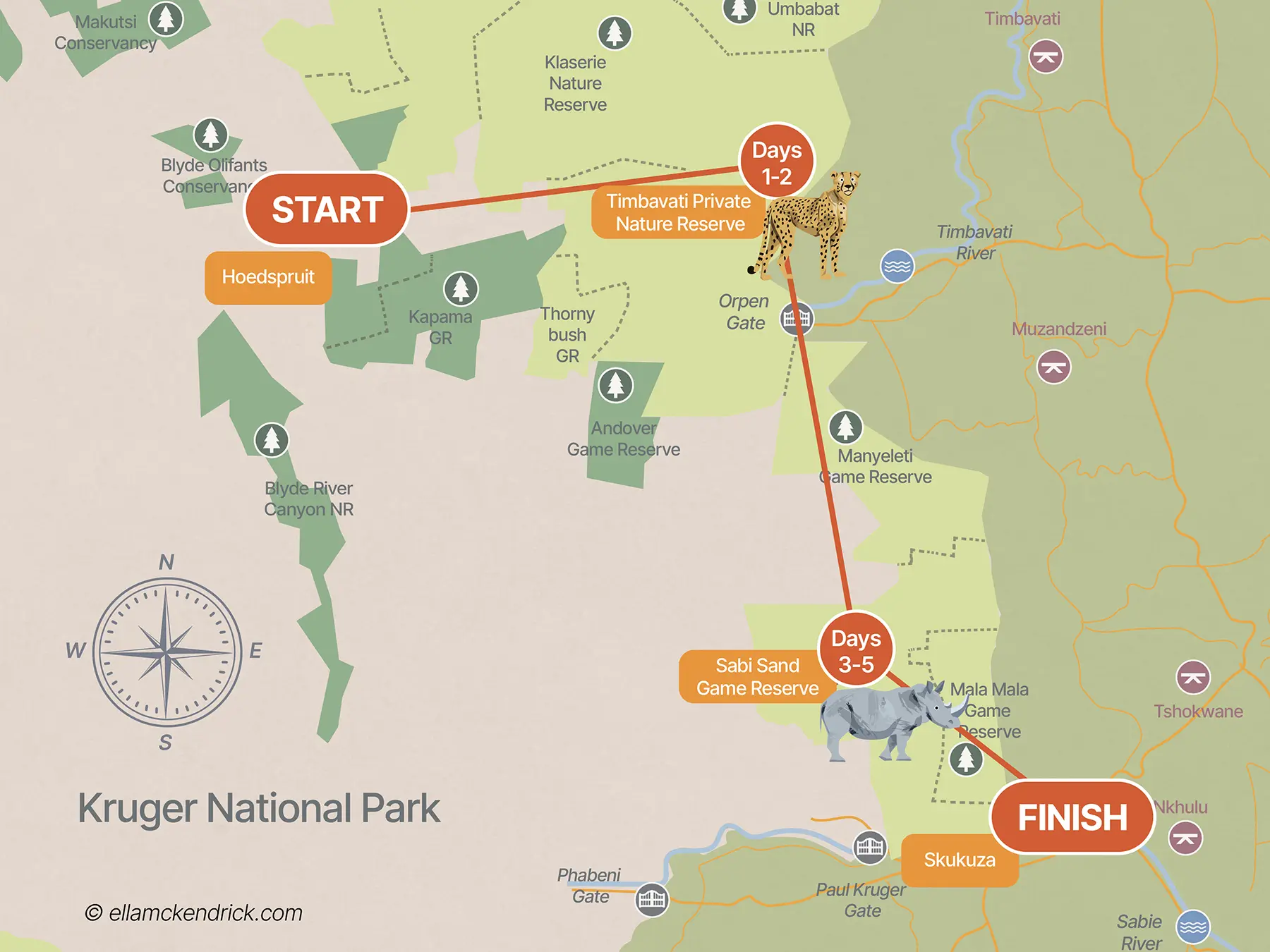 South Africa 5-Day Safari Itinerary Map