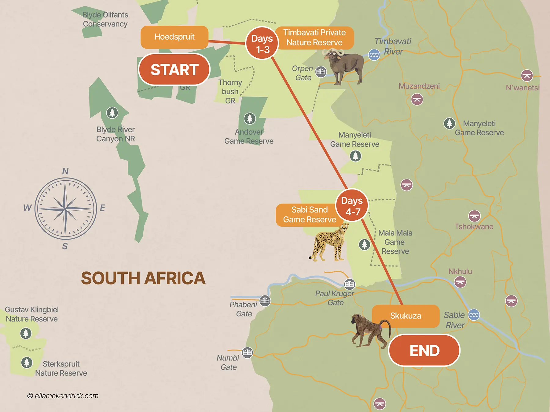7-Day South Africa Safari Itinerary Map