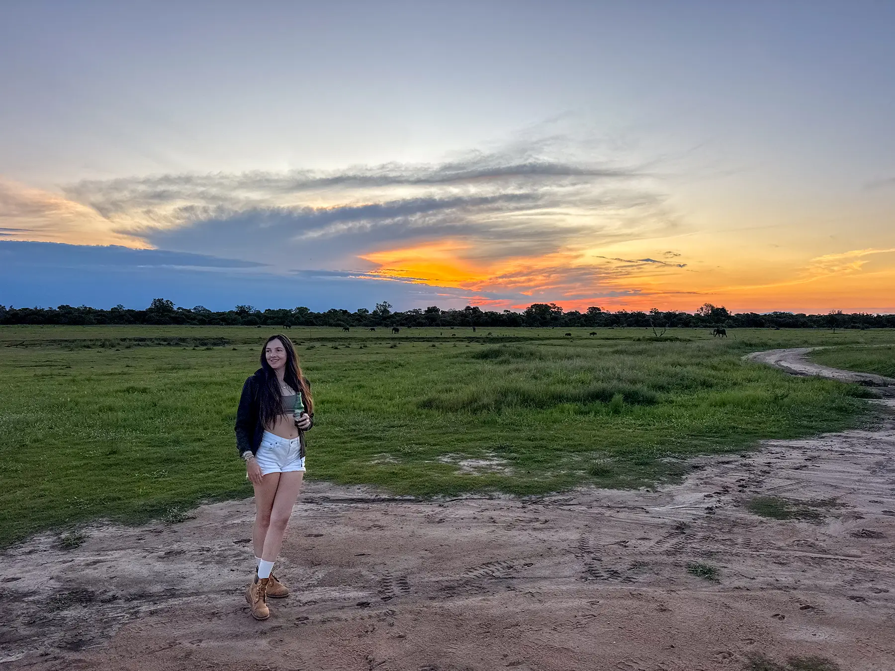 Ella McKendrick standing on a grassy plain at sunset in Manyeleti Game Reserve, South Africa