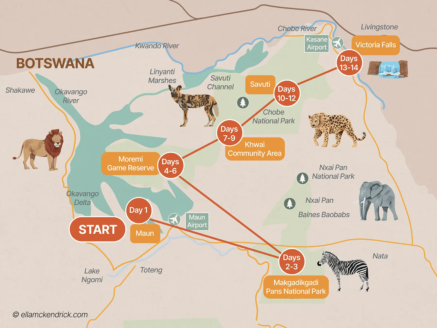 2-Week Botswana & Zimbabwe Safari Itinerary Map